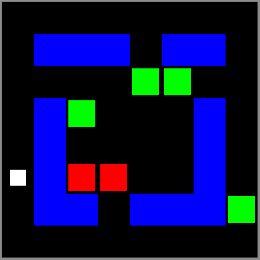 The player is the white square. Water is blue. Zombies are green and red.